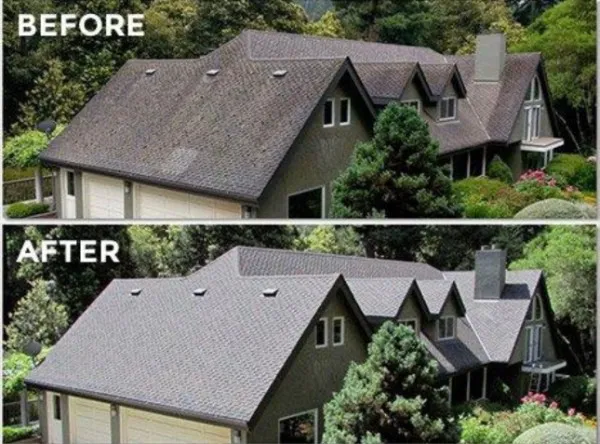 Before and after of pressure washed brown roof.