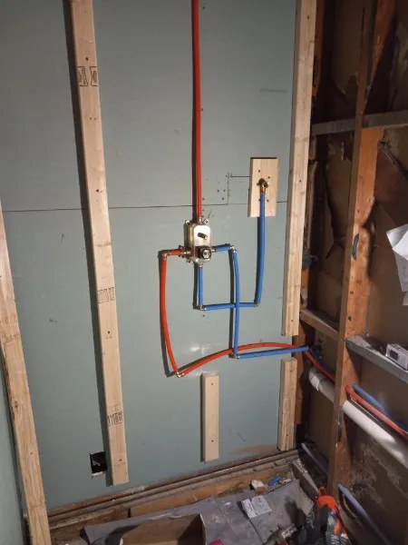 Exposed electrical wires, red and blue.